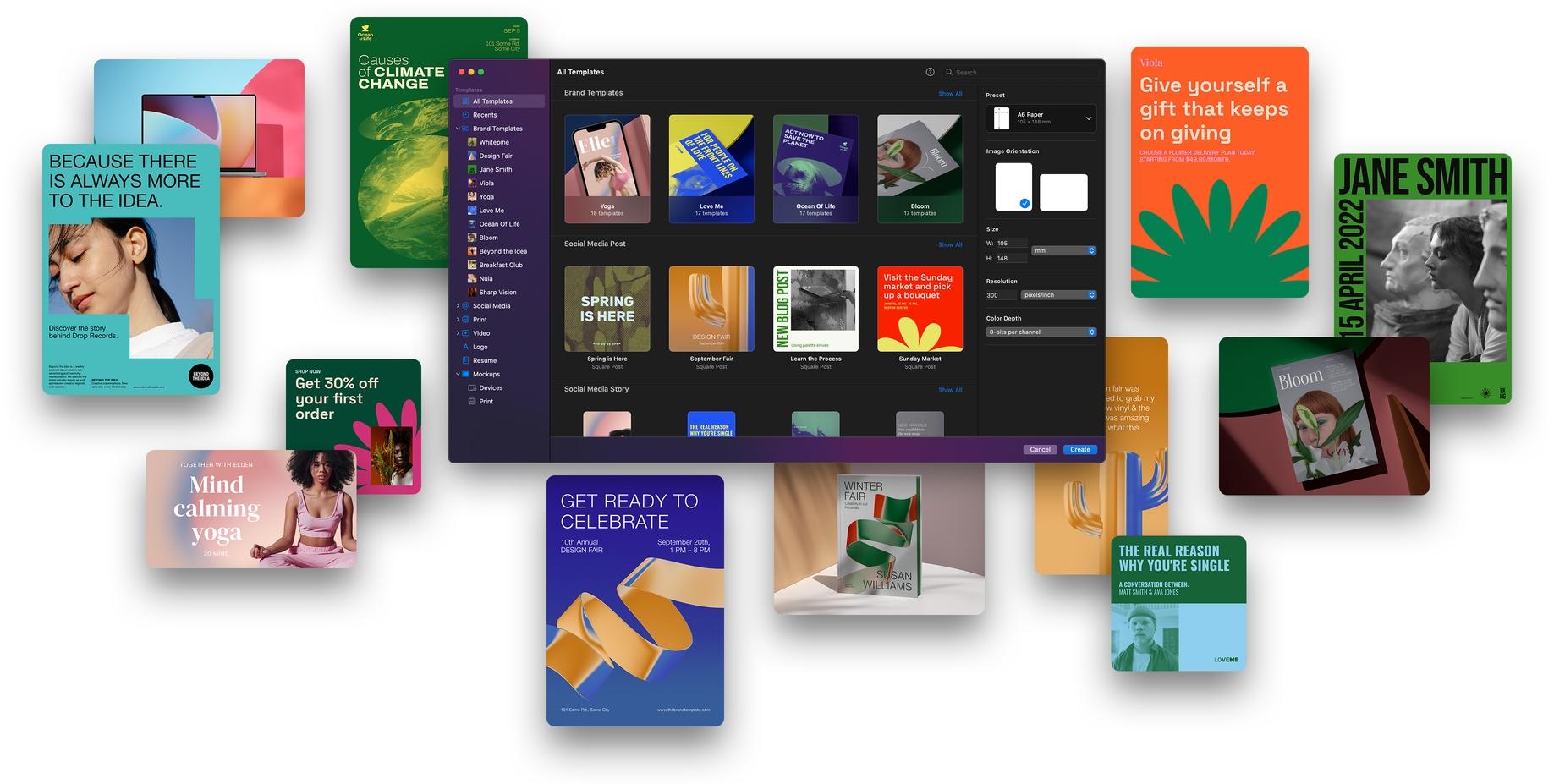 Templates browser is shown with mockups and templates displayed around it.